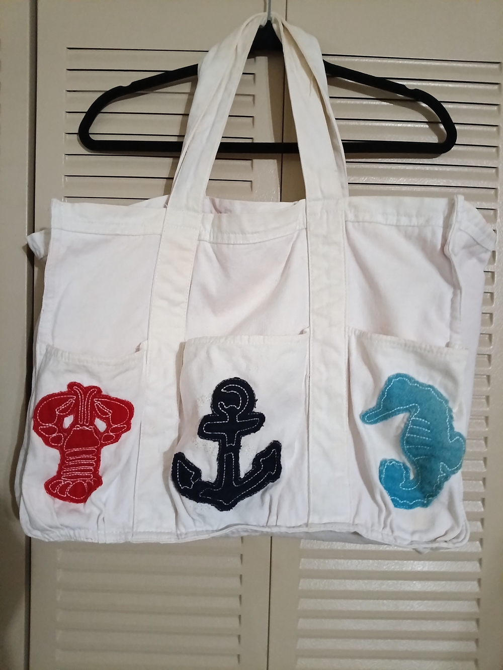 White Nautical Embroidered Cotton Tote Bag with Anchor, Lobster & Seahorse